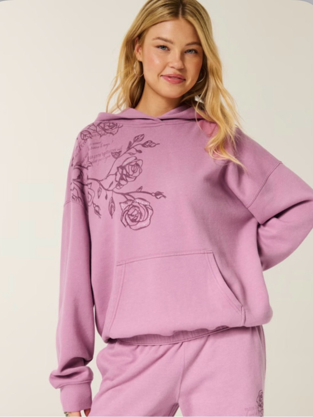 Hollister Feel Good Oversized Sparkle Logo Graphic Hoodie Size Medium - Picture 2 of 8